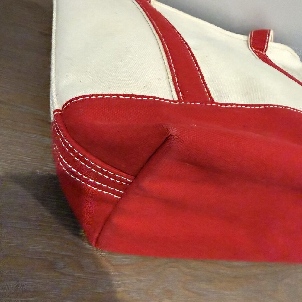 Lands End Open Top Canvas Tote Bag M Shoulder Red Natural Cotton Preppy Sturdy - Picture 12 of 16